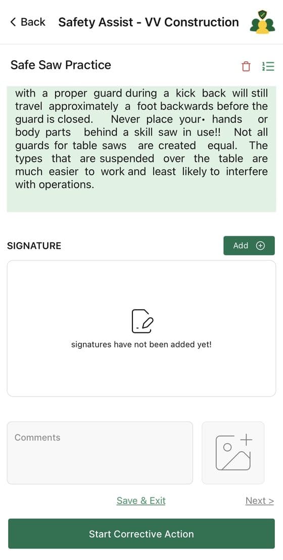 Safety Assist mobile app — inspection questions