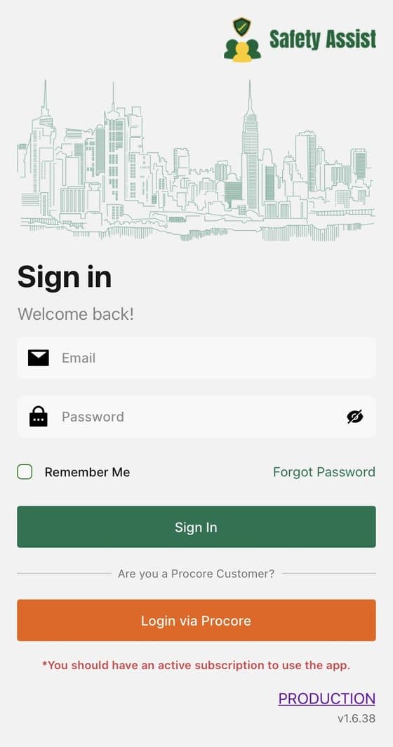 Sign in with a Safety Assist or Procore account