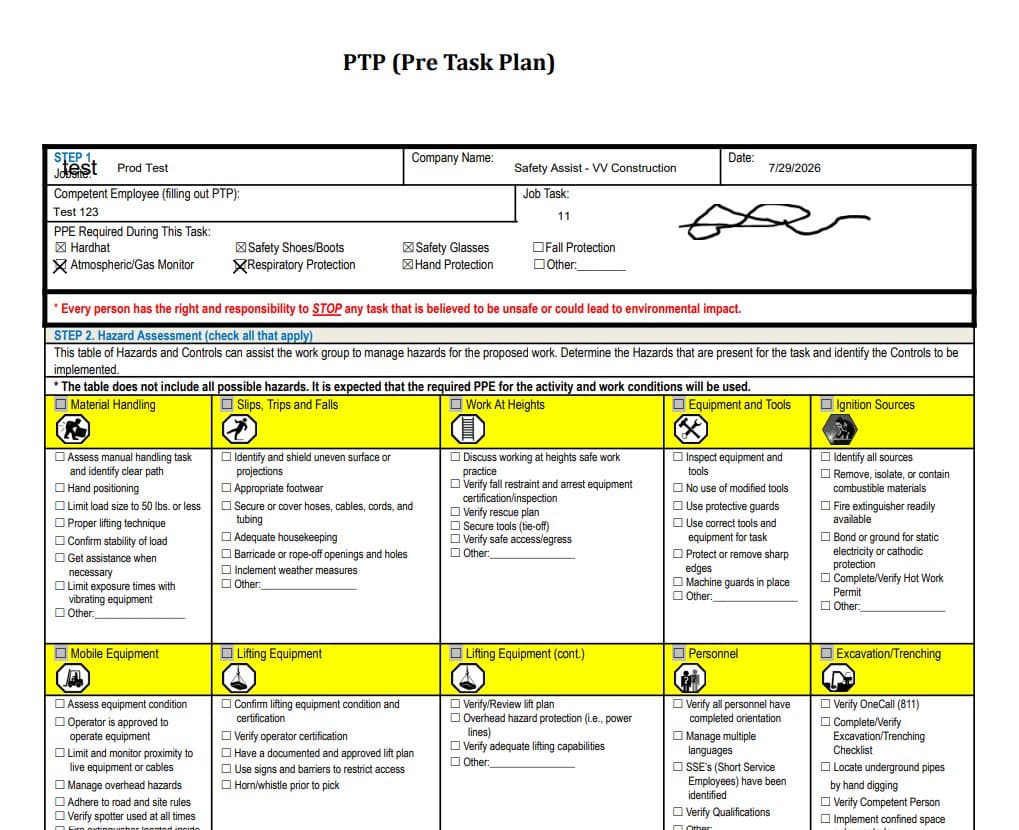 Completed Pre-Task Plan form opened from GoFormz Reports