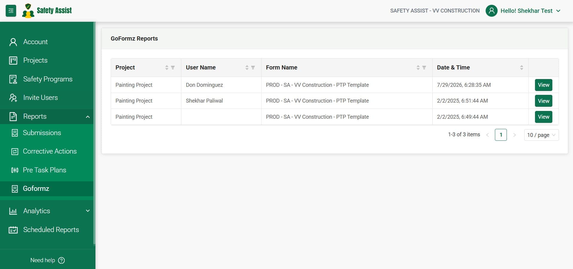 GoFormz Reports list inside the Safety Assist administration tools