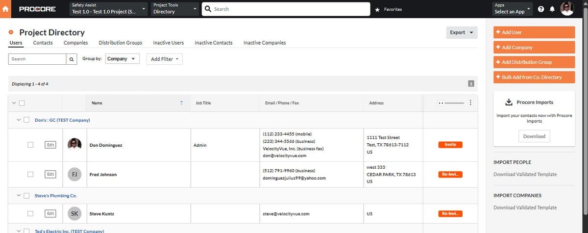 Procore Project Directory — users synced across companies